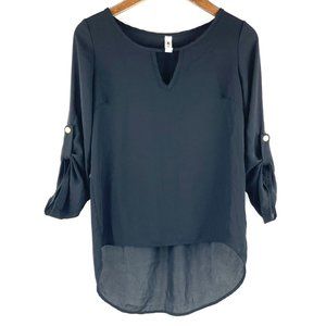 Vanilla Bay Women's Top Shirt Blouse Black Sheer 3/4 Sleeve High Low Size S